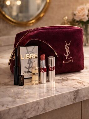 YSL Beauty Burgundy Makeup Bag Set Yves Saint Laurent Cosmetic Pouch